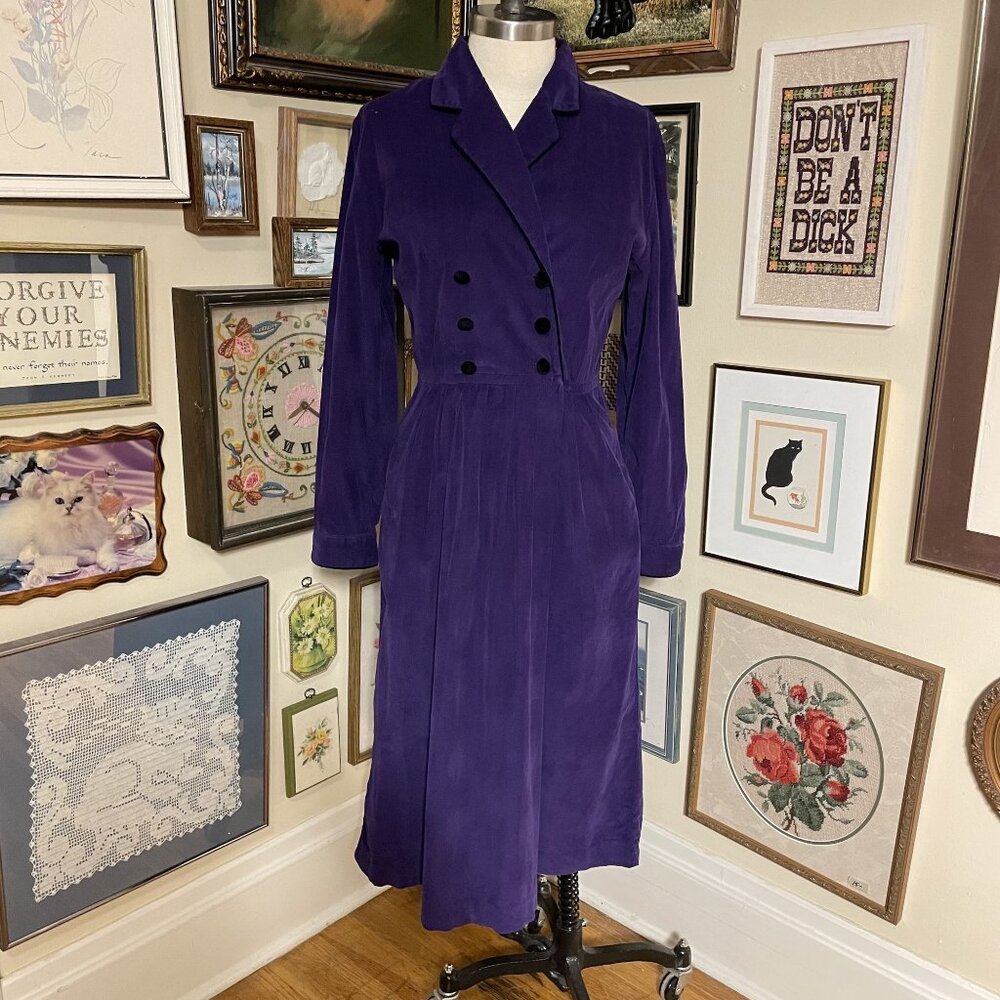 Talbots Purple Corduroy Double Breasted Long Sleeve Coat Dress with Pockets Sz 8